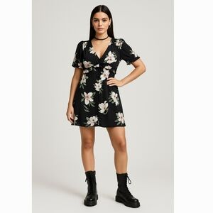 AllSaints Black Floral Button-up Mini Dress Size 10 Romantic Cottagecore Chic